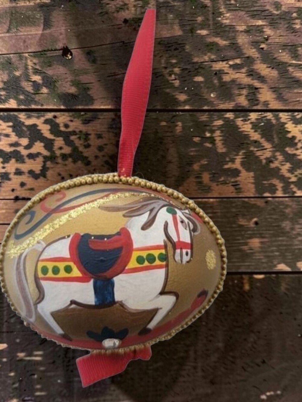 Needlepoint painted egg Christmas Ornament red ribbon flower horse gold blue